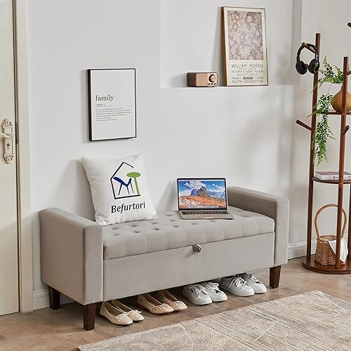 Miniatura 6 de Otomana de almacenamiento tapizada, banco de entrada con botones y patas de madera maciza, banco de almacenamiento de terciopelo para dormitorio,