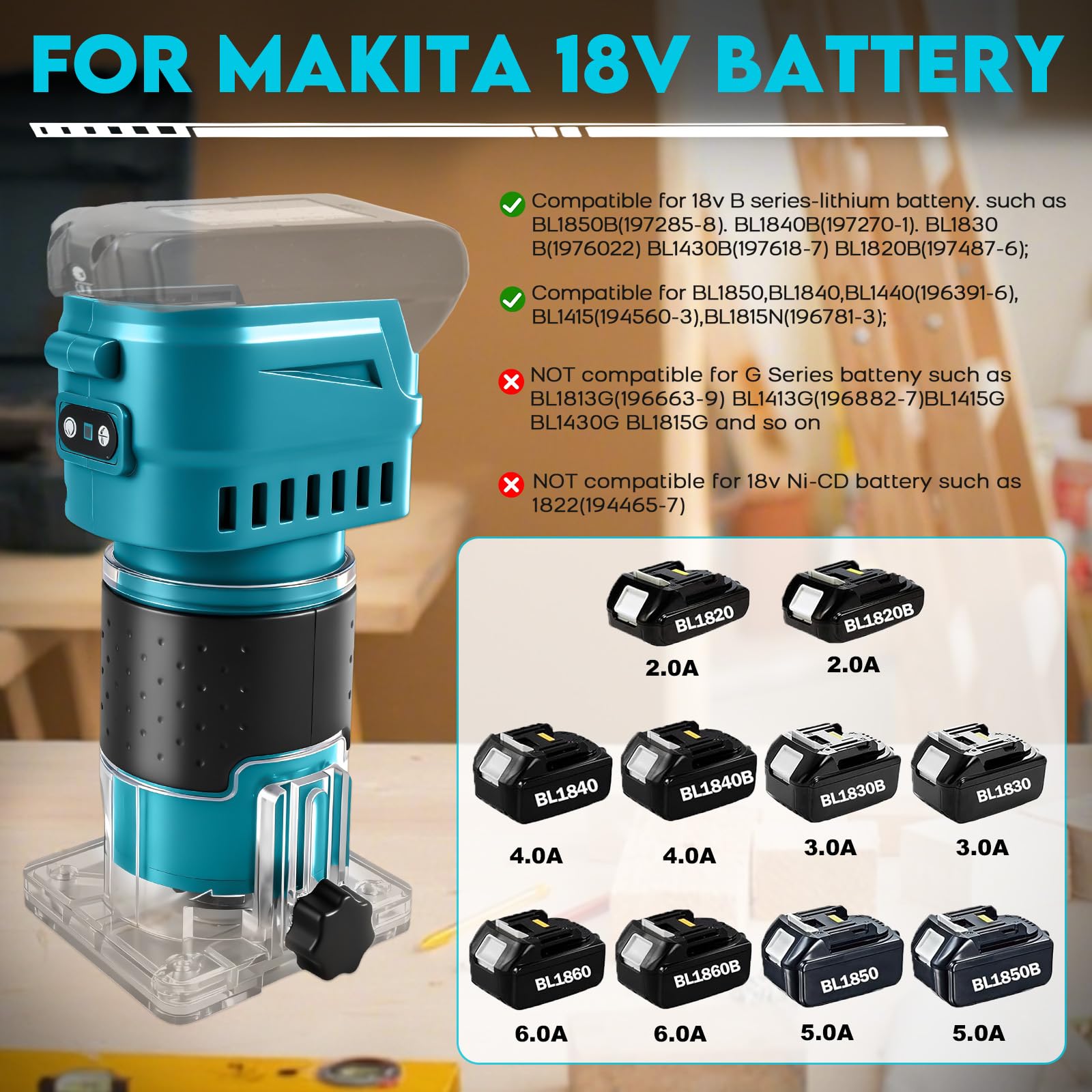 Fraiseuse sans fil compatible avec batterie Makita 18 V, 850 W, 30 000 tr/min, tailleuse de bois sans balais à 6 vitesses pour le travail du bois avec 15 pièces de fraises de 1/4" (sans batterie)