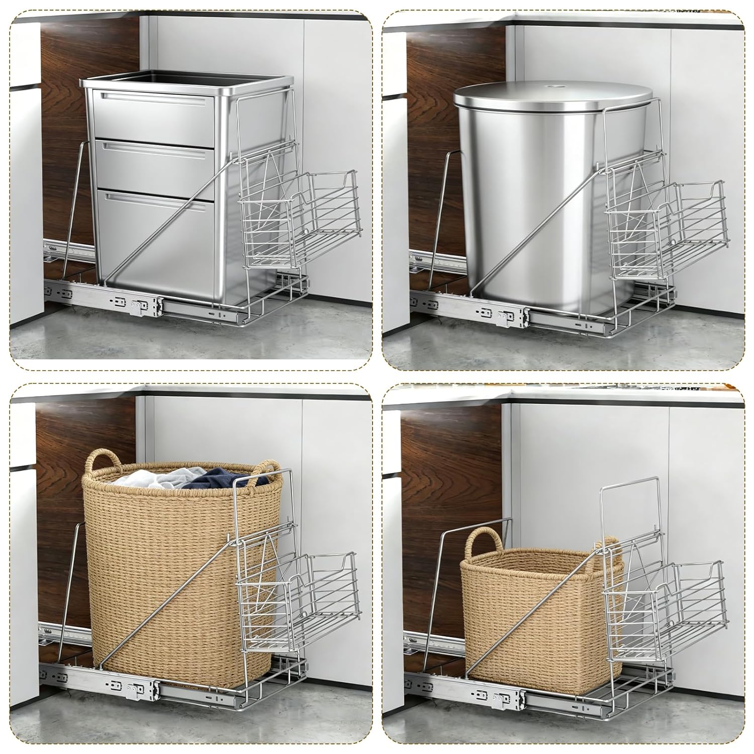 Pull Out Trash Can Under Cabinet, Adjustable Slide Out Trash Can Kit with Full Extension Slides, Under Sink Cabinet Organizer (Bin Not Included), Fits Min. 12" Cabinet Opening