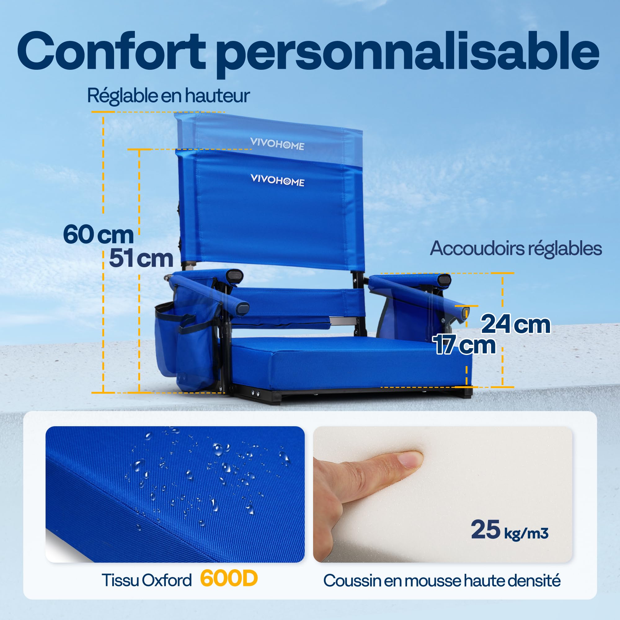 VIVOHOME Sièges de Stade à Dossier Haut réglable en Hauteur avec Dossier et Coussin Lot de 2 Chaises de Gradins Portables avec Porte-gobelet et Bandoulière
