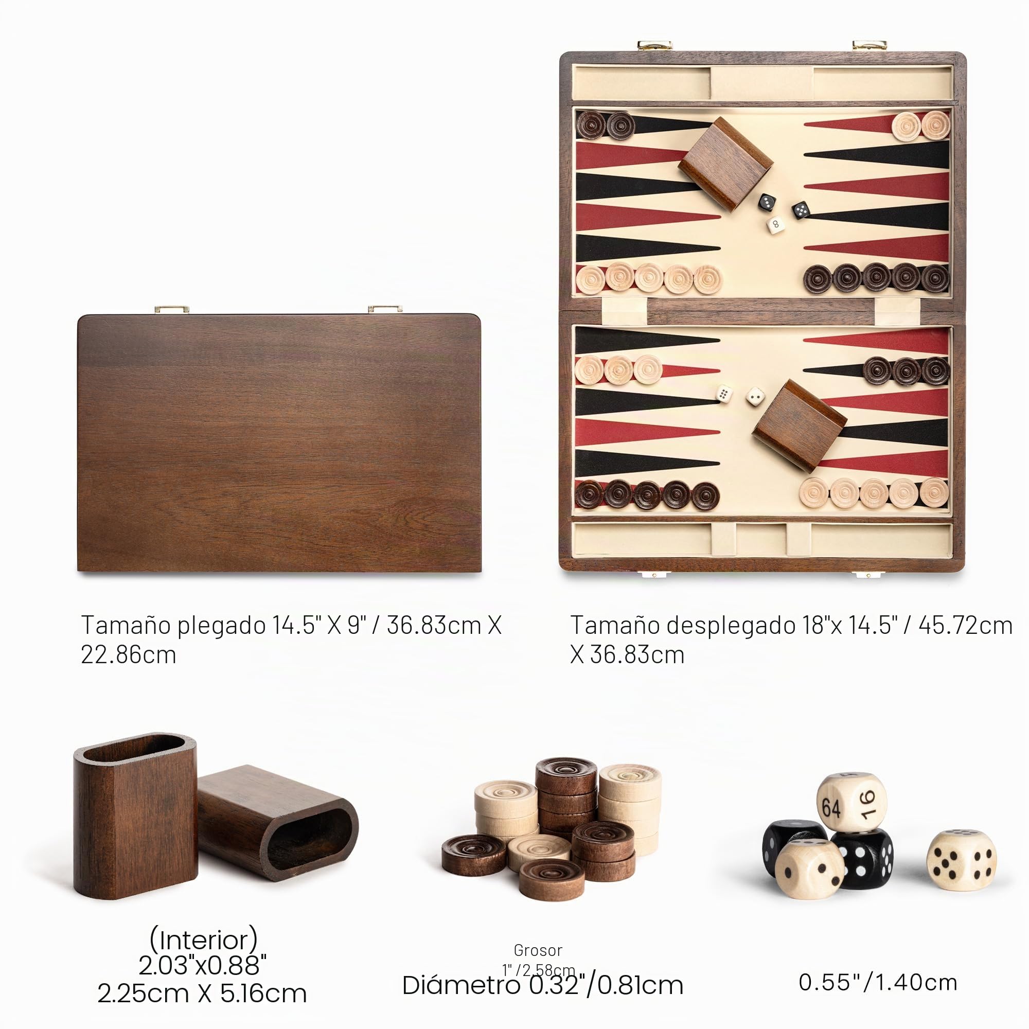 Juegos de backgammon de nogal natural de 14.5 pulgadas para adultos, 30 damas de madera, 2 tazas de dados de nogal y 5 dados de madera, juego de mesa clásico de estrategia para dos jugadores