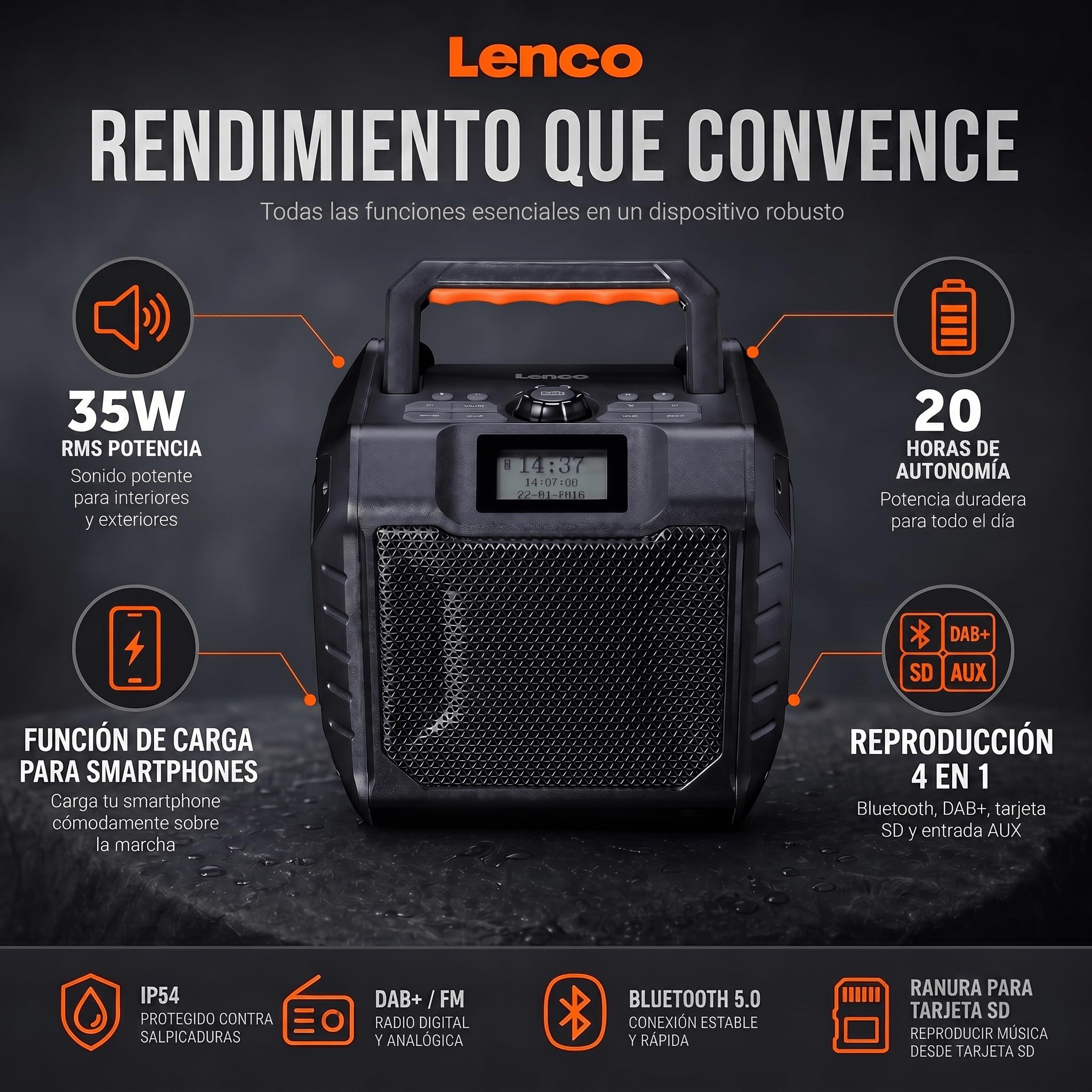 Lenco ODR-160GY - Outdoor-Radio - DAB+/FM-Radio - Bluetooth-Lautsprecher | ODR-160BK - stoßfest & wasserdicht - SD-Kartenleser - AUX-In - 35W RMS - 20 Stunden Akkulaufzeit