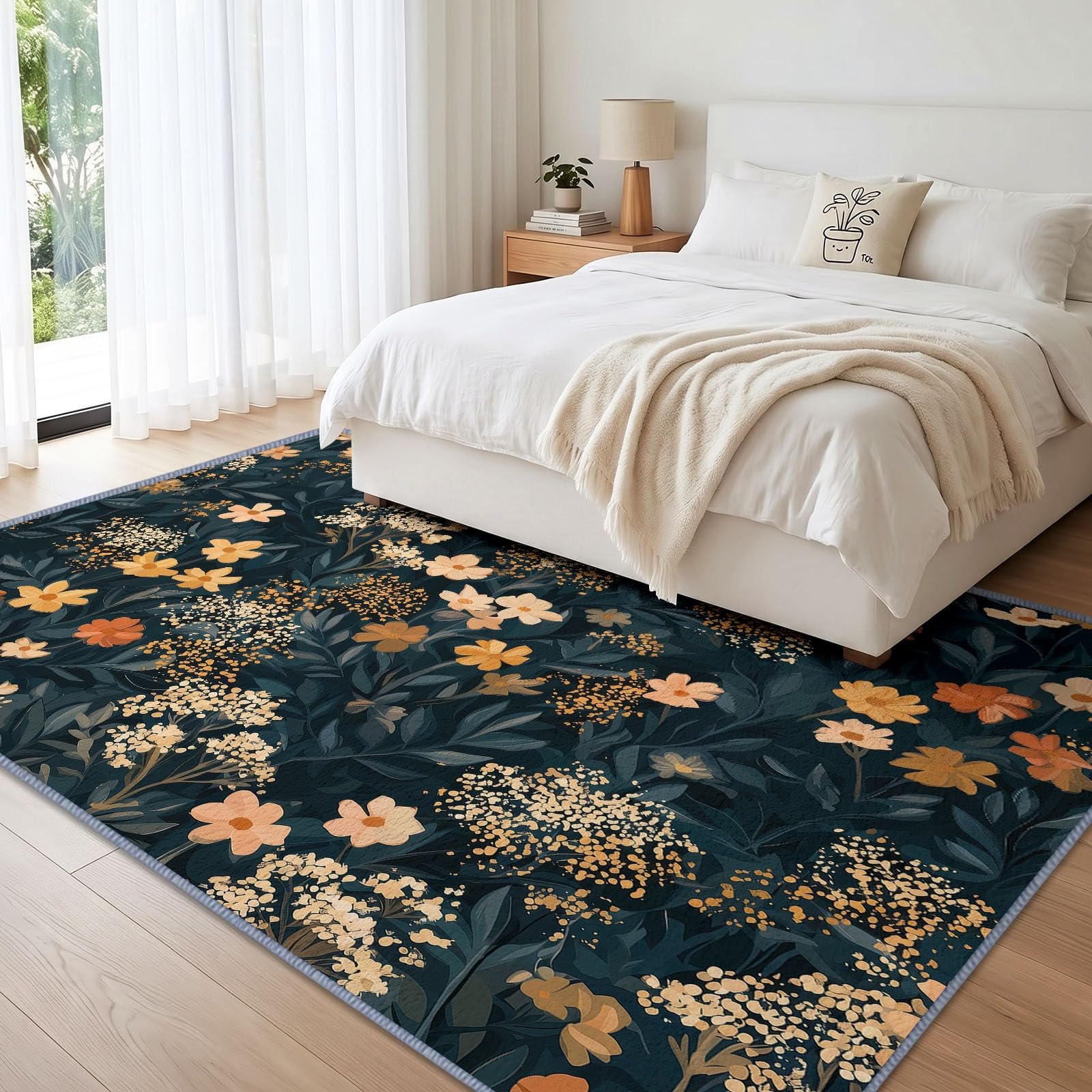 Générique Lavable en Machine Tapis Salon 200x300 cm, Fleur Feuille Antidérapant à Poil Ras Tapis, Impressionniste Rustique Pastoral Écologique pour Salle à Manger Couloir Chambre Bureau