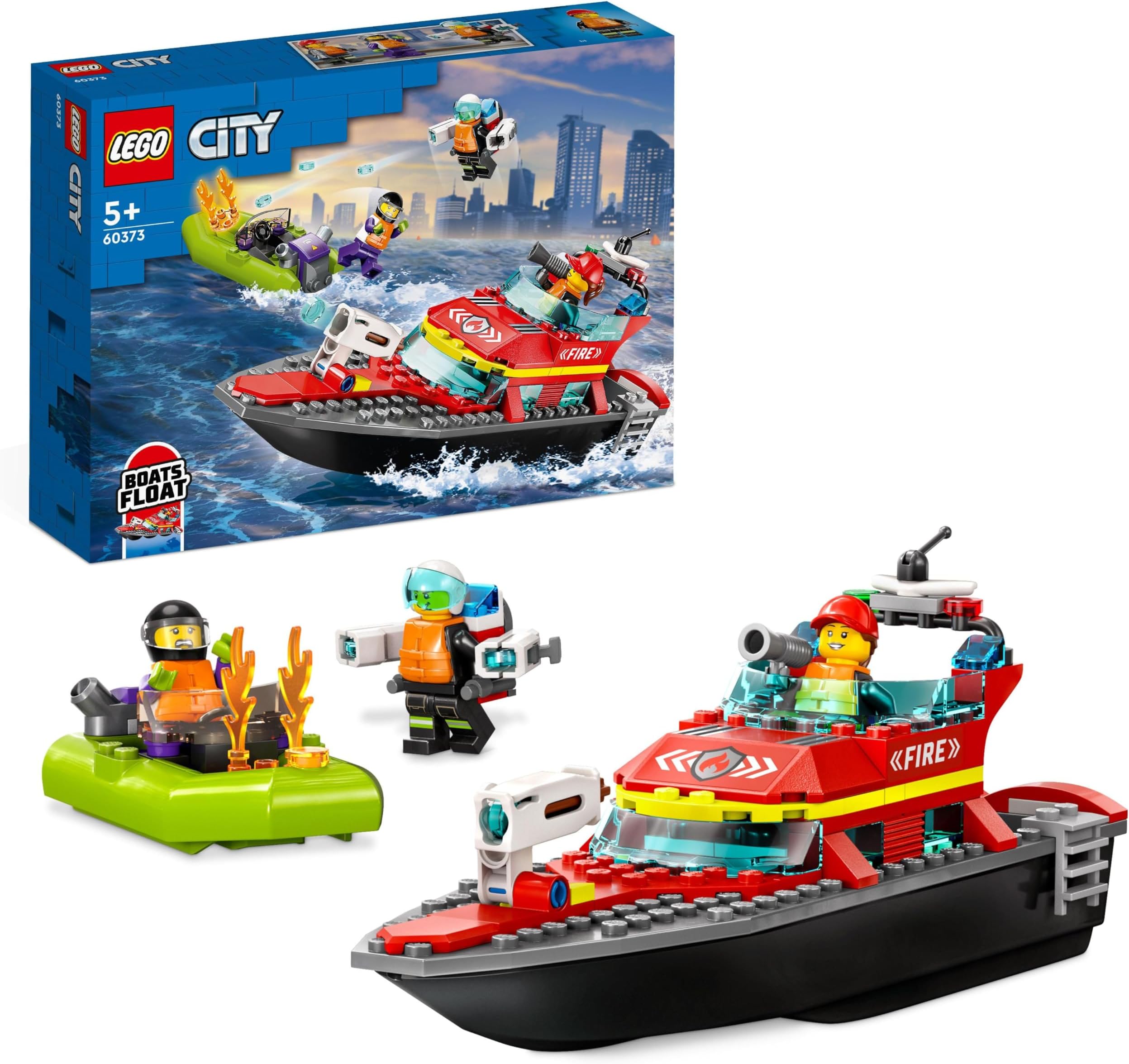 60373 City Fire Rescue Boat Toy, Floats on Water, with Jetpack, Dinghy and 3 Minifigures, Everyday Hero Toys for Boys and Girls Aged 5+, Gift Idea