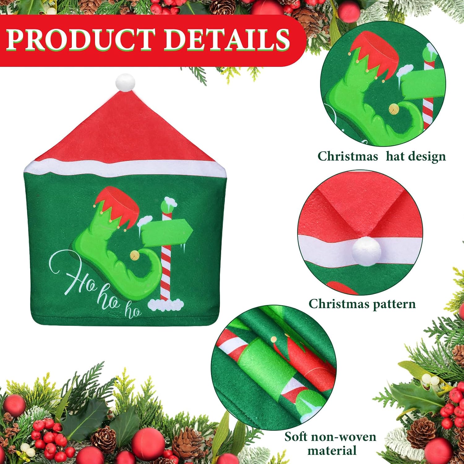 Ganeen 6 Pcs Christmas Chair Cover Buffalo Plaid Dining Chair Santa Claus Hat Shoes Felt Slipcovers Merry Christmas Back Covers for Banquet Kitchen Holiday Party Decoration(Elf Hat Style)