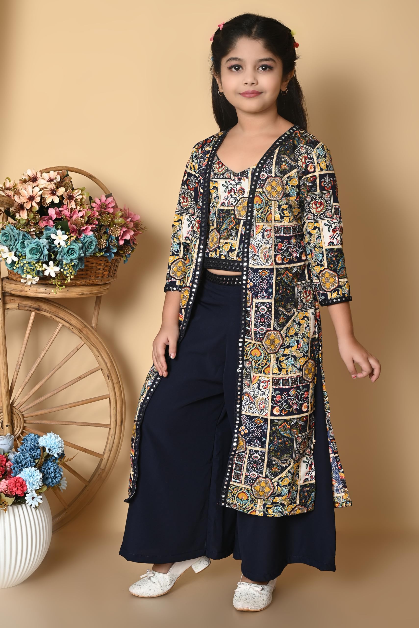 SPAMitude - Girls Self Designed Premium Cotton Blend Top Pant Jacket | 3pcs Party Dress for Girls I V Neck Stylish Sleeve Design Dress for Birthday Girl (Navy Blue, 12-13 Years) - Image 4 thumbnail