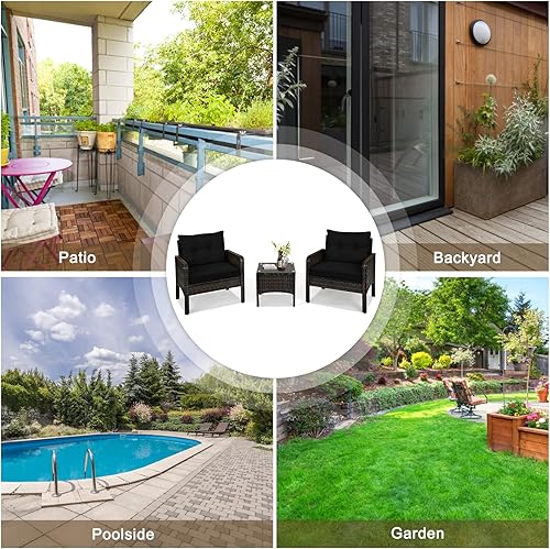 Miniatura 5 de KOTEK Juego de muebles de patio de 3 piezas, juego de muebles de mimbre para exteriores con 4 cojines, juego de muebles de ratán PE para todo tipo