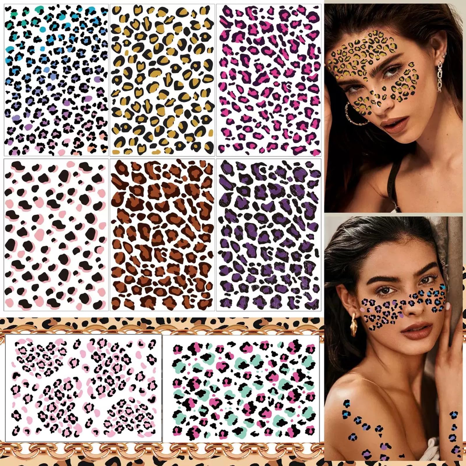 Leopard Print Temporary Tattoos Cheetah Print Fake Tattoos Mixed Styles Tiger Tattoos Cute Animal Print Stickers Waterproof Leopard Face Halloween