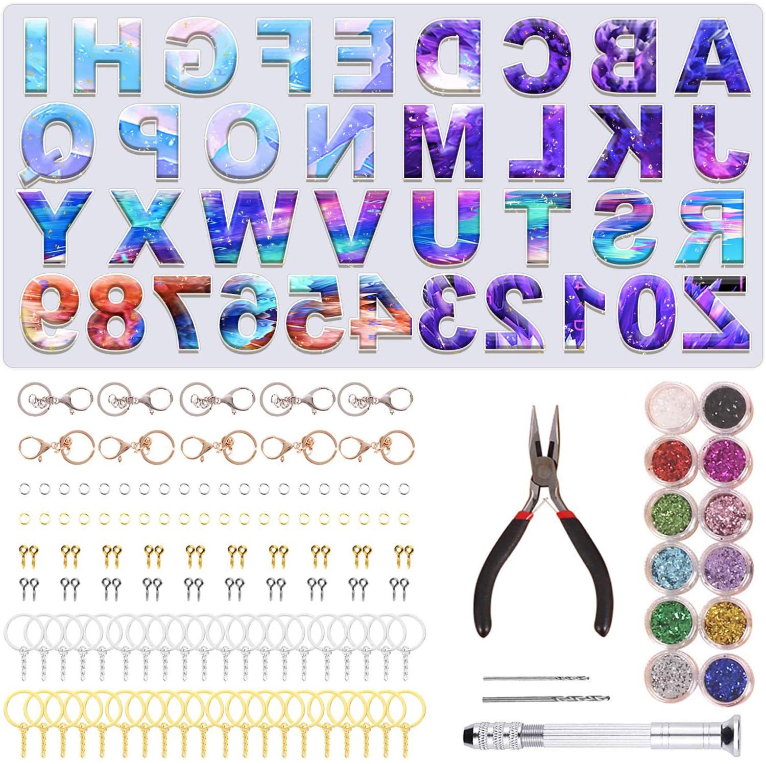 DELFINO106 Pcs Resin Casting Molds and Tools Set,Jewelry Craft Moulds with Drill and Bag, DIY Silicone Epoxy Resin Mold Including Cube, Pyramid, Sphere, Diamond, Stone