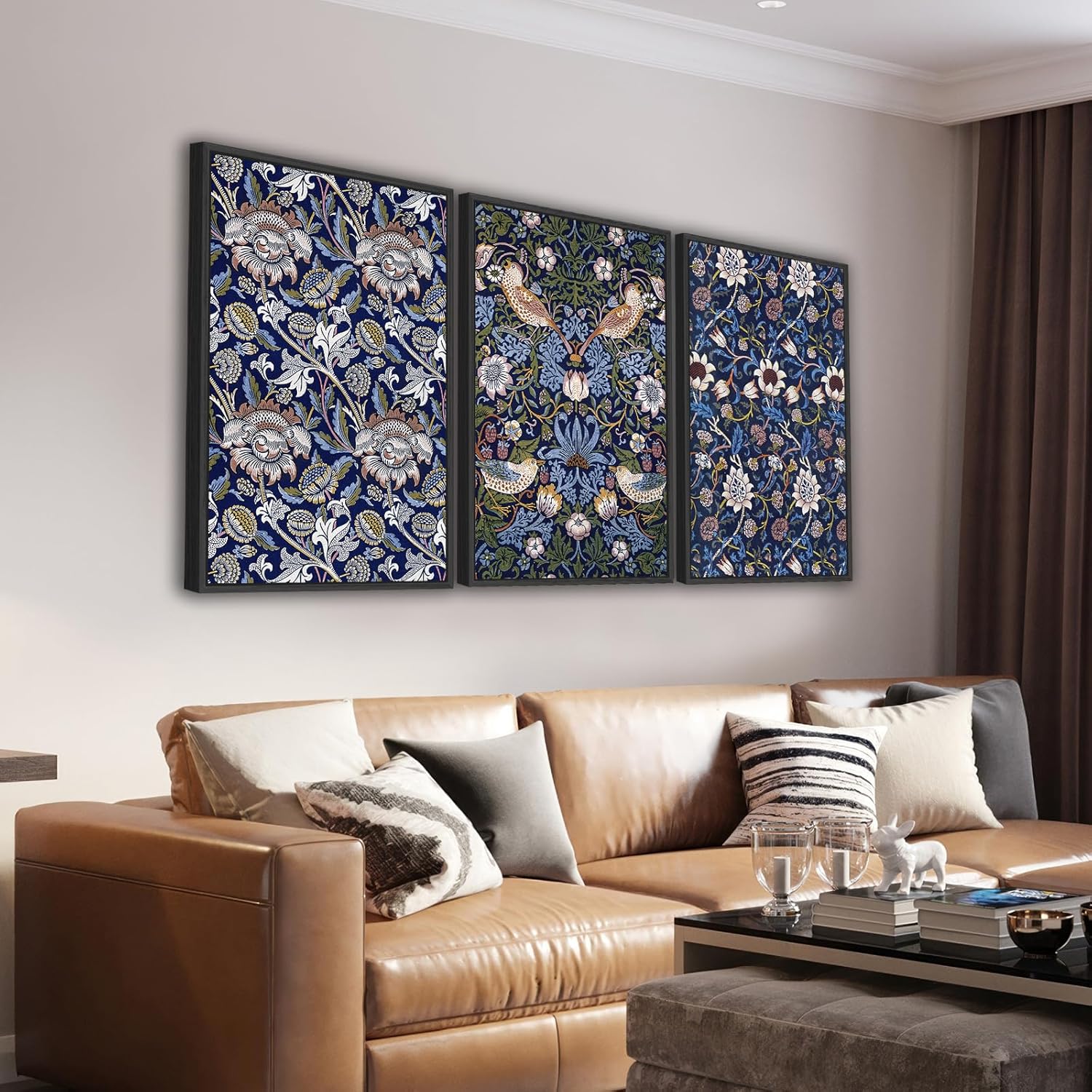 Large Framed Wall Art Flower Pattern by William Morris, Blue Floral Wall Pictures 24"x36"x3 Plants Painting Prints Botanical Canvas Artwork for Living Room Bedroom Home Office Kitchen Decor