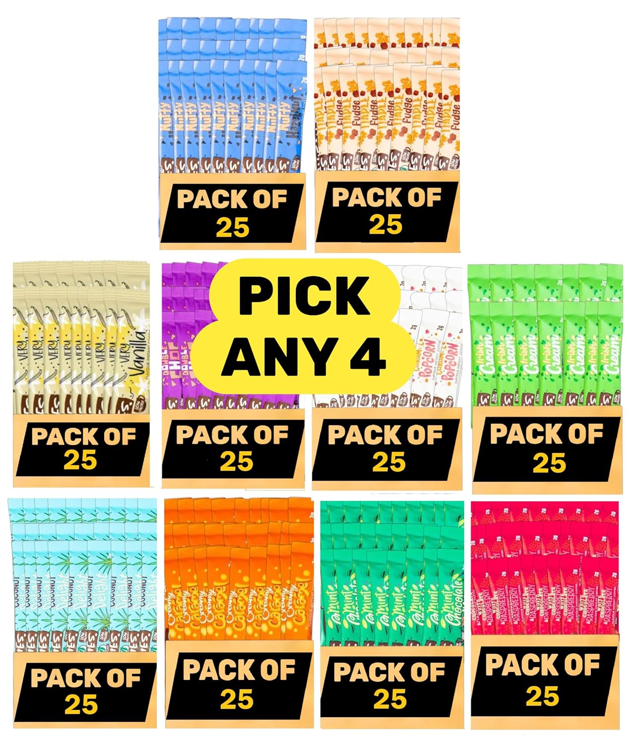 Beanies Flavoured Instant Coffee Sachets Pick Any 4 Boxes (Each Box 25 Sticks, Total 100 Sticks) from Creamy Caramel, Double Chocolate, Irish Cream, Nutty Hazelnut, Very Vanilla, Caramel Popcorn, etc