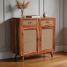DRIFTINGWOOD Amber Solid Sheesham Wood Sideboard Cabinet | 2-Door Storage Console with 2 Drawers for Living Room & Dining Room | Honey Finish