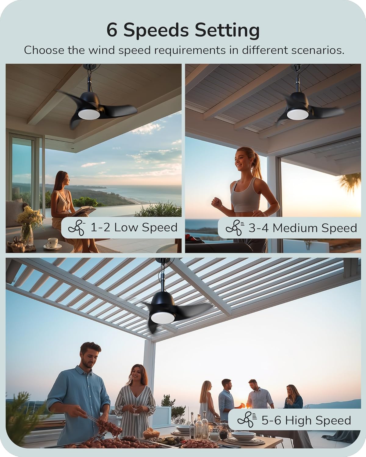 EDISHINE 30“ Outdoor Ceiling Fan with Light and Remote, IP66 Waterproof Gazebo Fan Hanging with Hook, 3CCT 6 Speed DC Motor, Matte Black Blades, Plug in Wet Rated Fan for Patio, Pergola, Porch, Garage