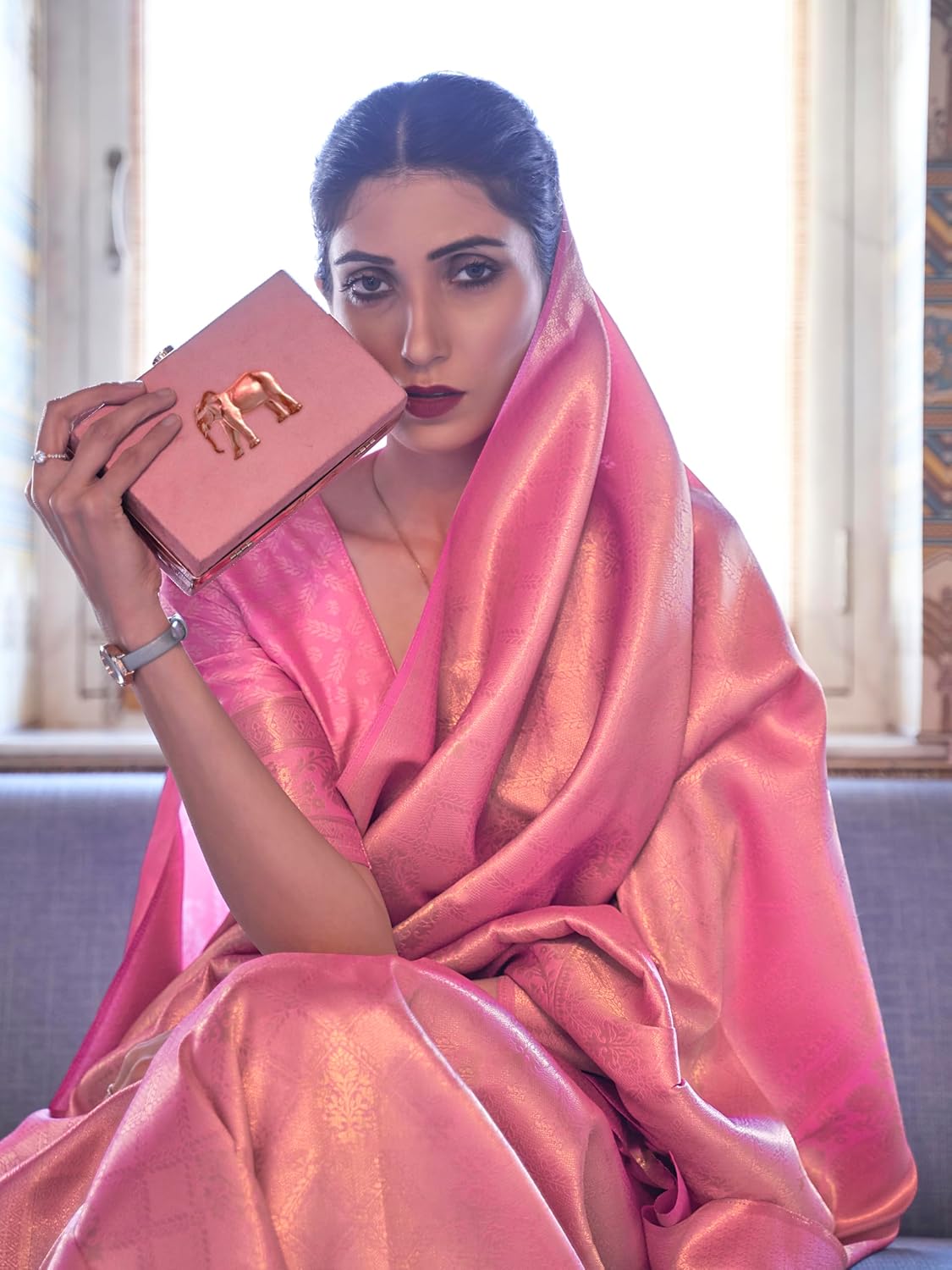 TRENDMALLS Women's Jaquard Silk Woven Zari Work Traditional Saree With Unstitch Blouse Piece (S77-Pink)