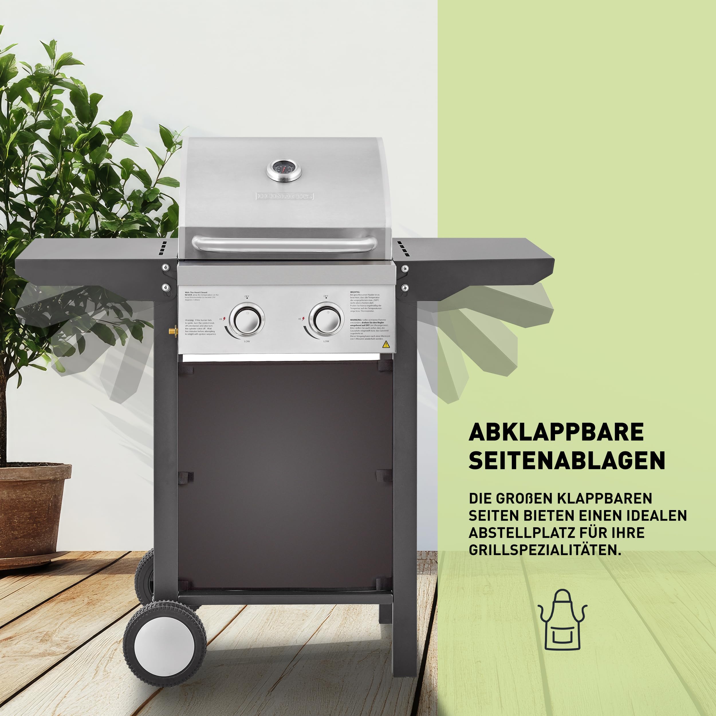 Heinrich´s Gasgrill, Grillwagen, 2Flächen Brenner aus Edelstahl, Balkon-Grill auf 2 Rädern, BBQ-Grill, Seitenablage klappbar, stufenlose Temperatursteuerung, Temperaturanzeige