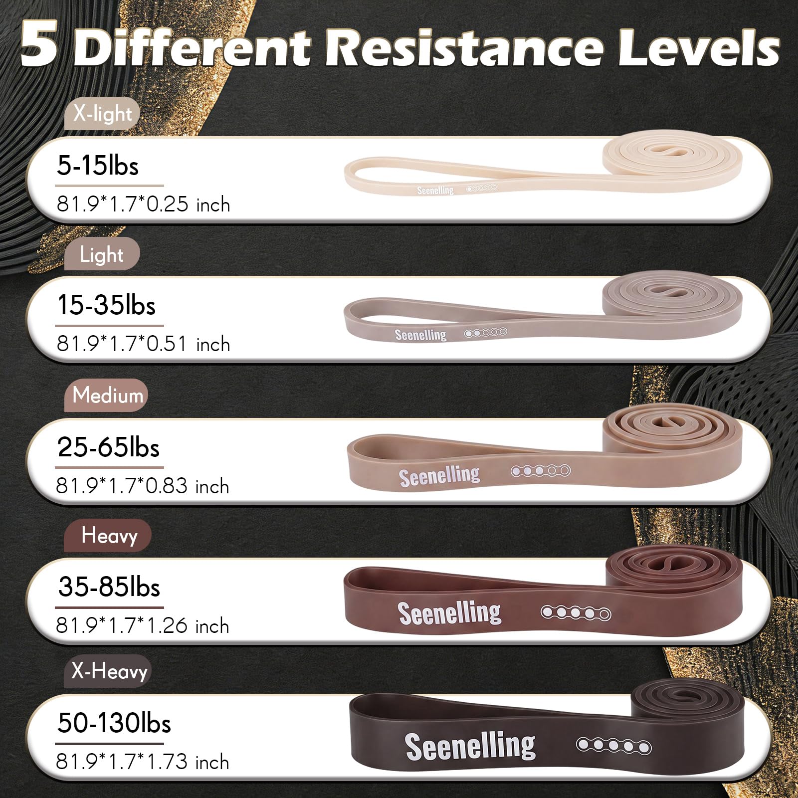 Seenelling 5 fasce di resistenza di livello | Fasce di assistenza per trazioni, esercizi per allenamento completo del corpo, assistenza per trazioni, stretching