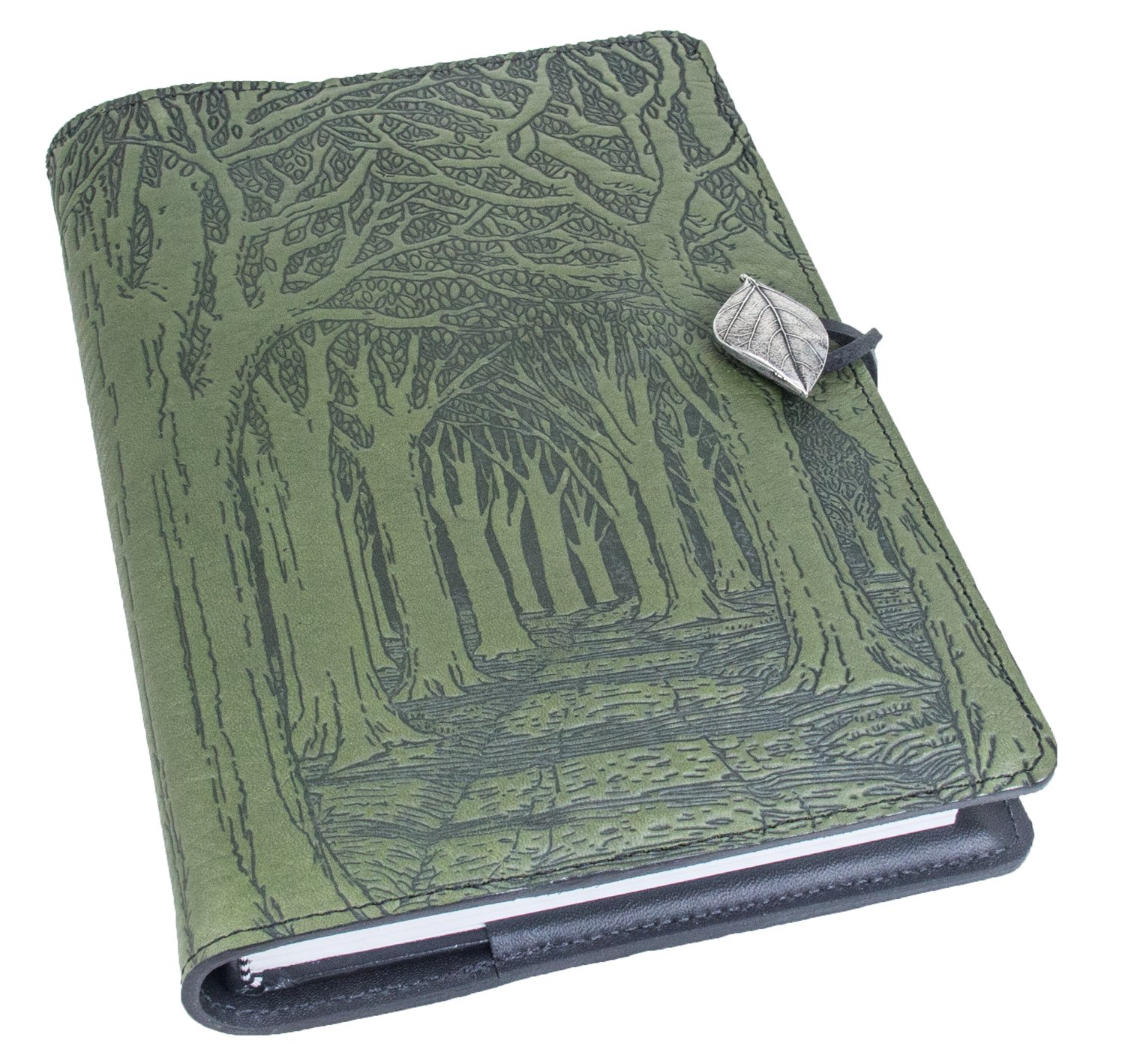 Genuine Leather Refillable Journal Cover with a Hardbound Blank Insert, 6x9 Inches, Avenue of Trees, Fern Color with Pewter Button, Made in The USA by Oberon Design