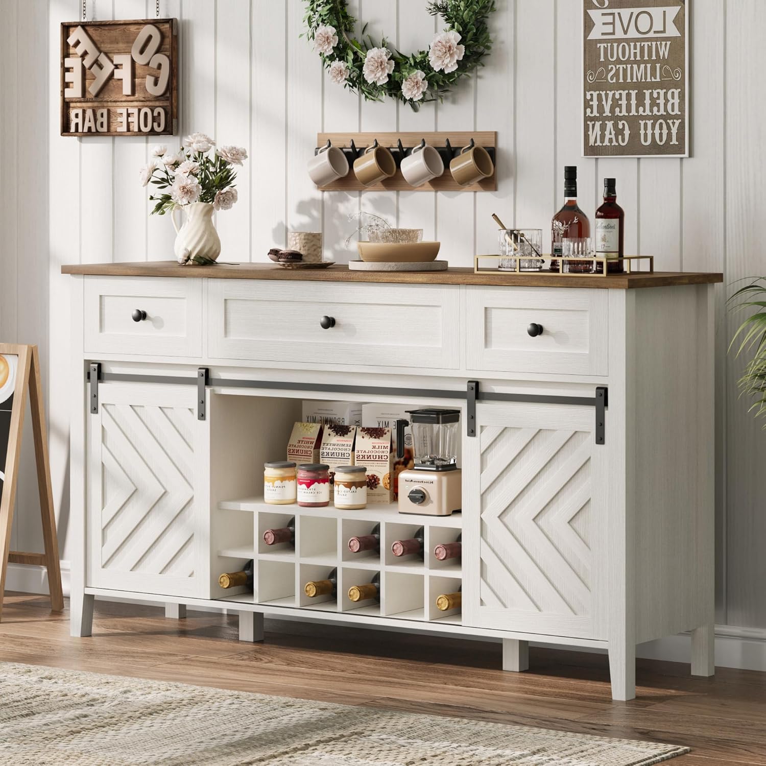 CABIHOME 59" Farmhouse Buffet Cabinet with Sliding Barn Door, 3 Drawers, Adjustable Shelves & Removable Wine Rack - Rustic White Sideboard