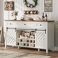 CABIHOME 59" Farmhouse Buffet Cabinet with Sliding Barn Door, 3 Drawers, Adjustable Shelves & Removable Wine Rack - Rustic White Sideboard