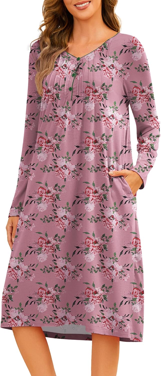 Becotal Nightgowns for Women Floral Print House Dresses Pleated Sleepwear Long Sleeve Sleep Shirts Mumu Dresses with Pockets