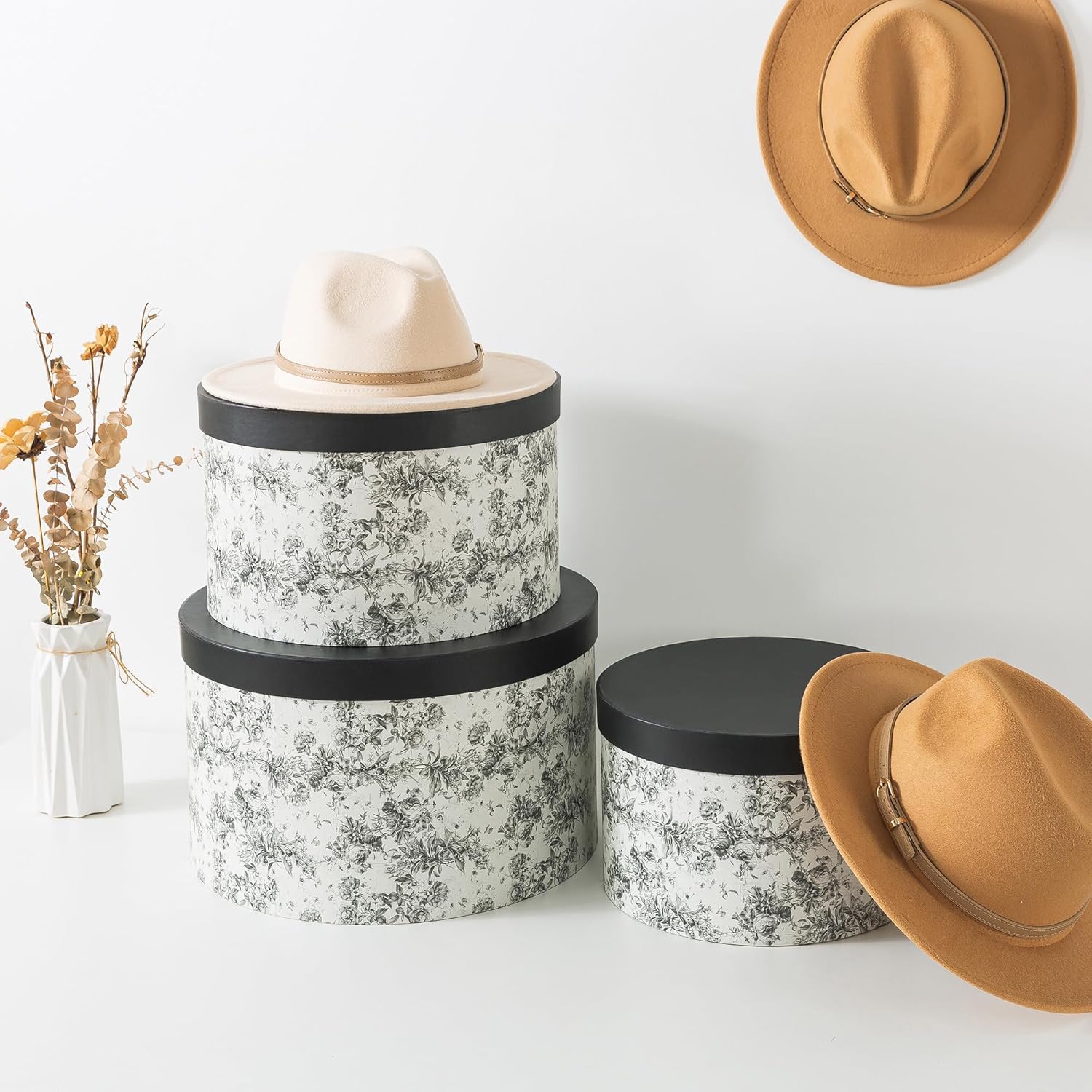 Soul & Lane Floral Hat Round Boxes with Lids, Set of 3 Nesting Cardboard Hat Storage, Large Black Print Cases, Stacking Round Decorative Keepsake Boxes for Organizing