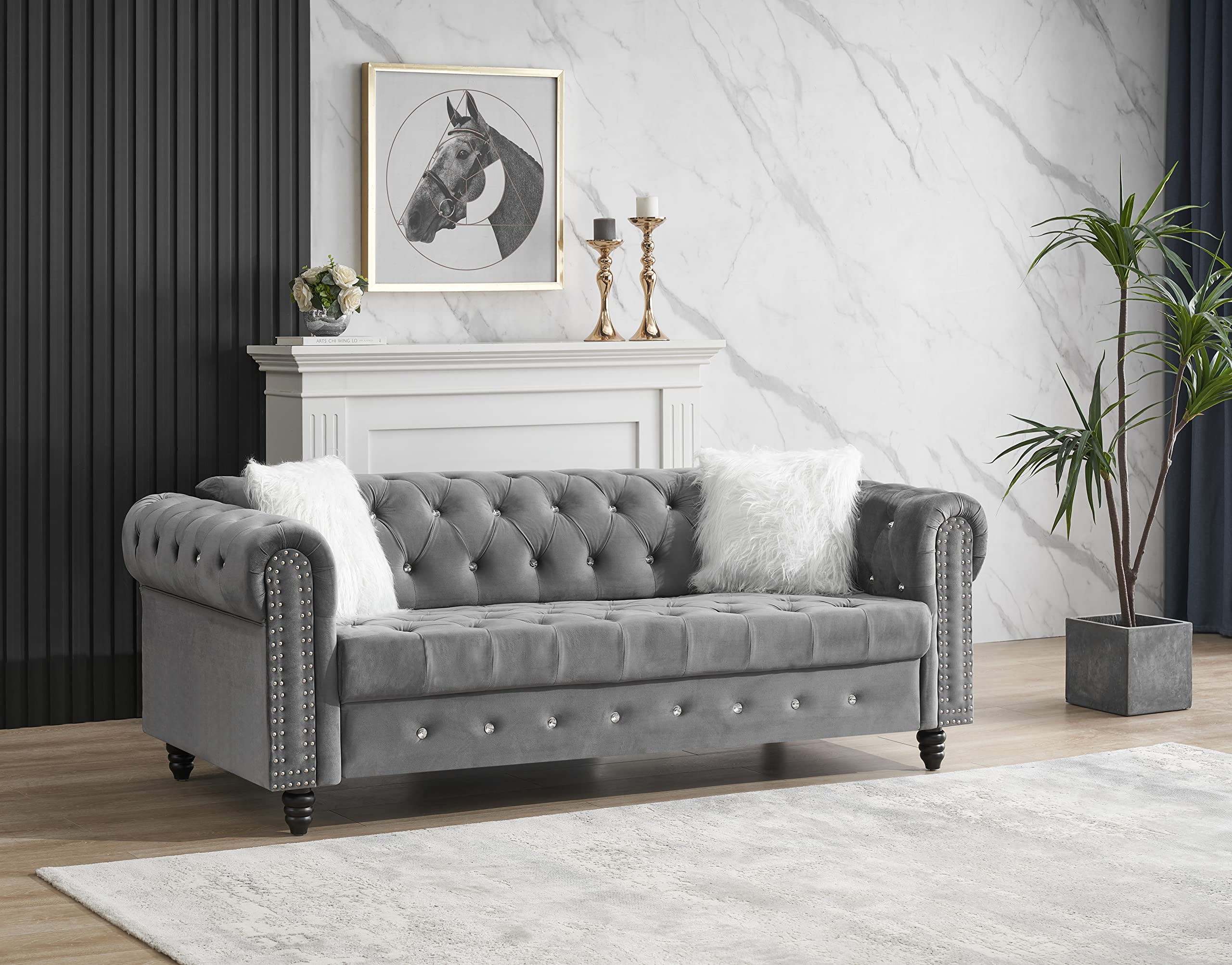 Amazon.com: 1+3 Grey Velvet Sofa Roll Arm Chesterfield Classic