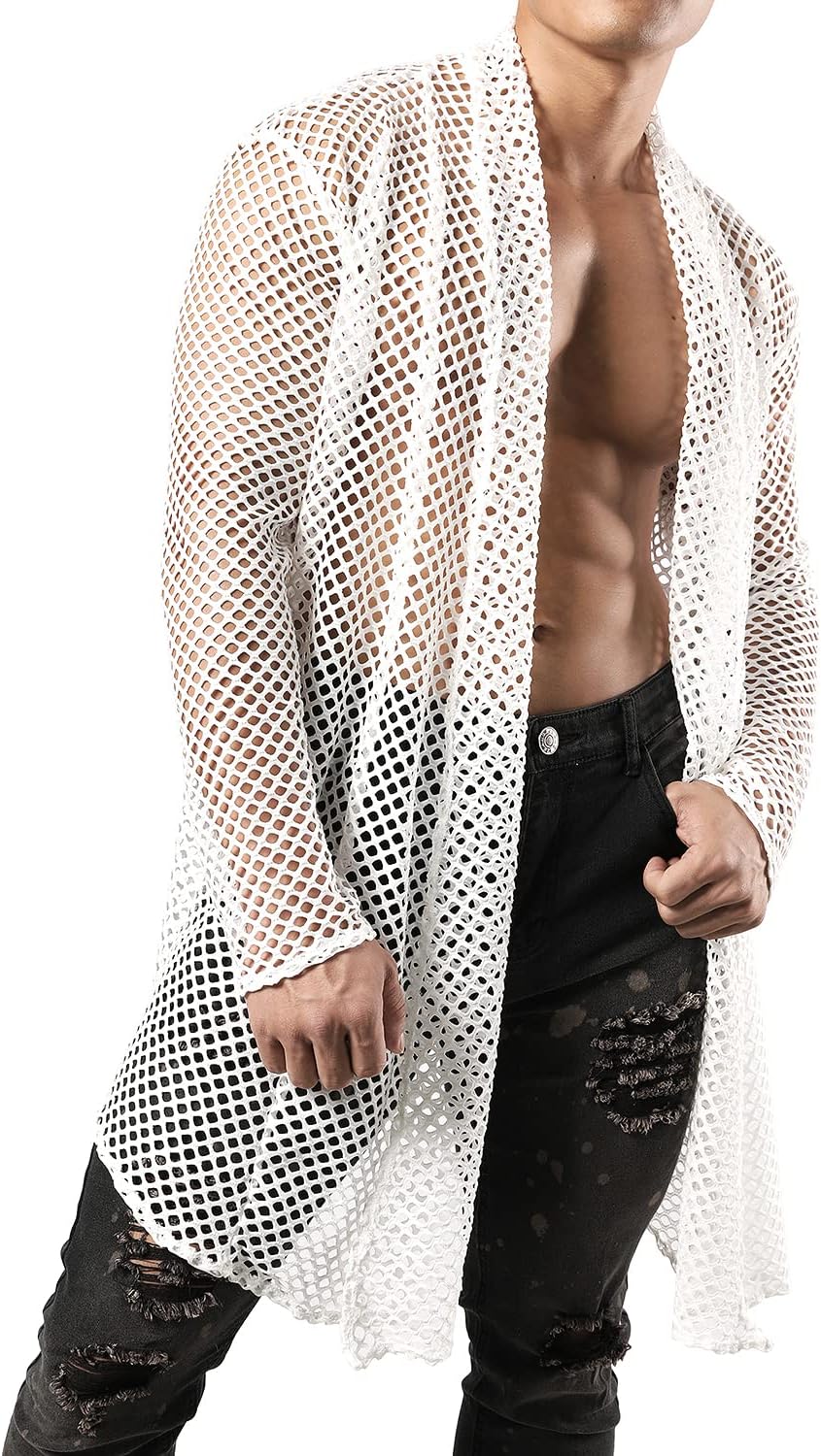 JOGAL Men's Mesh Fishnet Cardigan Fitted Muscle Top - Image 4
