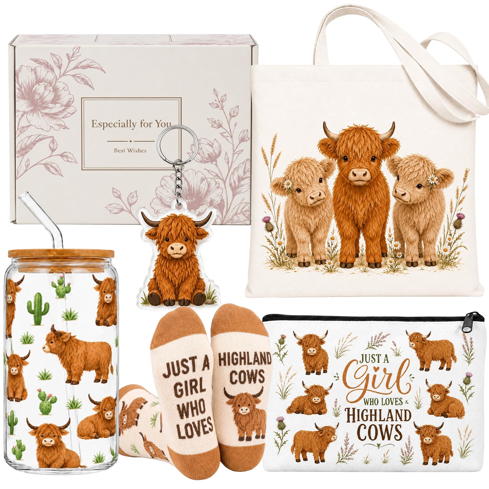 Runovate Highland Cow Gift Set with Tote Bag, Glass Cup, Socks and Keyring