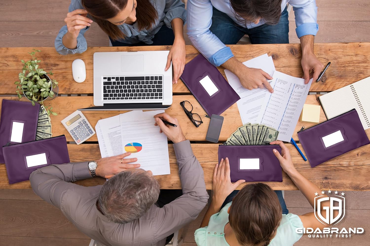 Money Bank Deposit Bag with Zipper | 11x6 inch | Purple | Durable Leatherette Money Cash Coin Check Wallet Pouch for Men & Women with Framed ID Window and Blank Card | by GIDABRAND (5) : Office Products