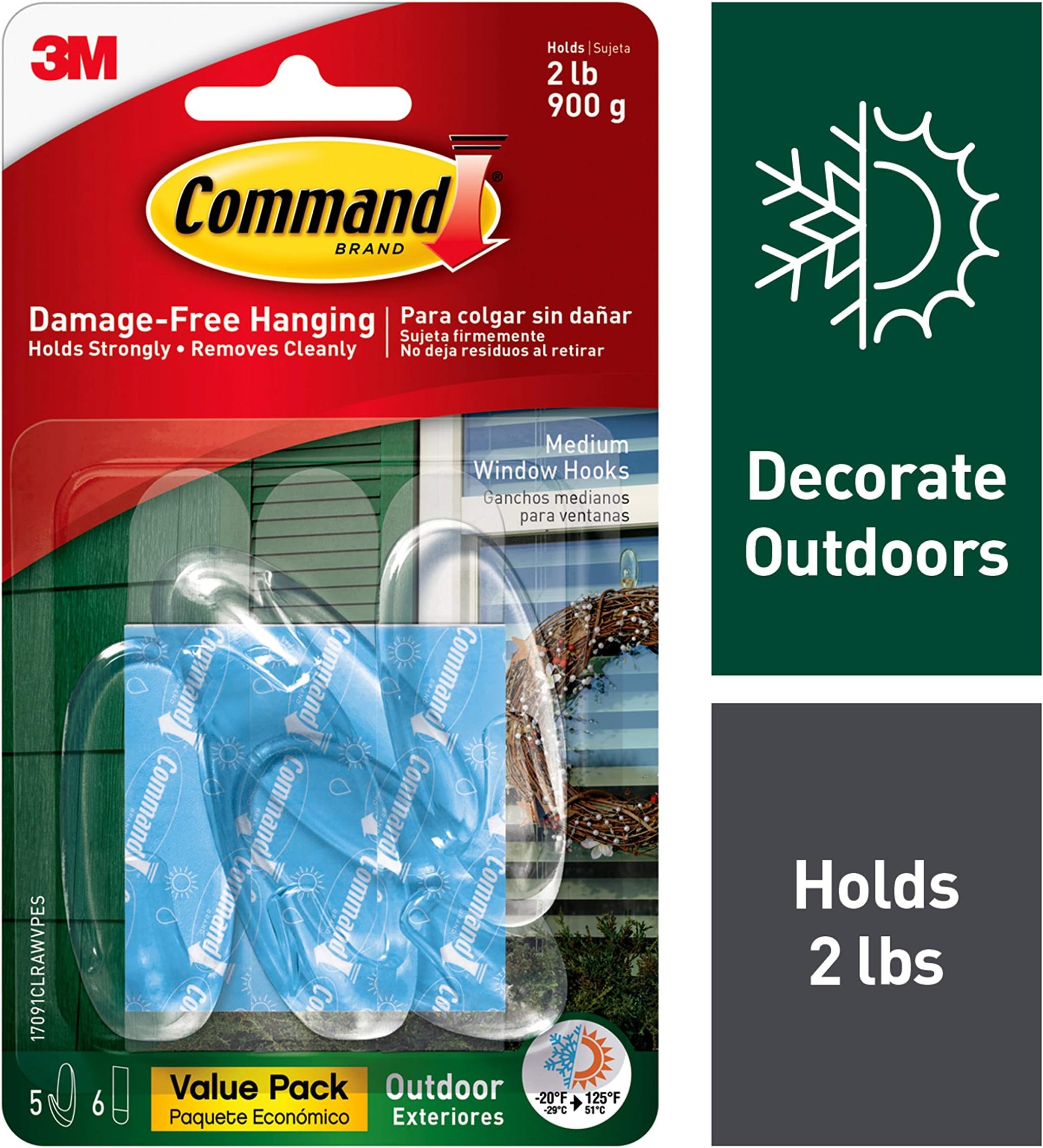 Command Outdoor Window Hooks Value Pack, Medium, Clear, 5-Hooks ...
