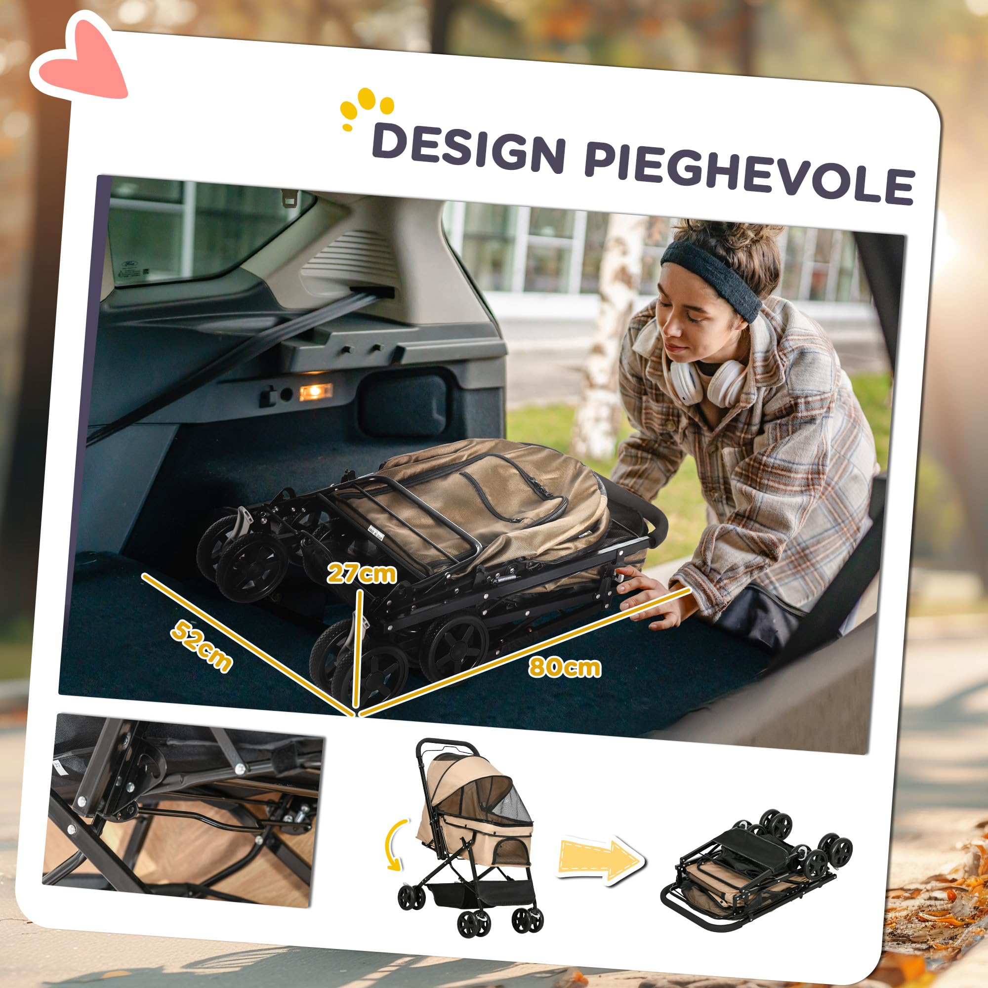 PawHut Passeggino per Cani Piccoli Pieghevole con Maniglione Girevole Ruote con Freni in EVA, Passeggino Cane con Cestino Portaoggetti, 76.5x52x95cm, Marrone Chiaro