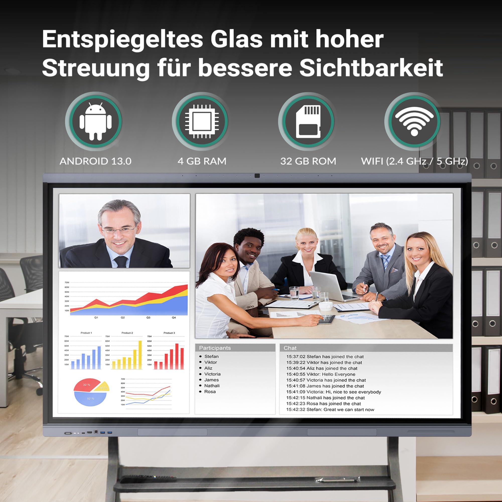 XORO MeetingPad, 65 Zoll interaktives Whiteboard, Smartboard, elektronische Tafel, 4K UHD Touchscreen, Android 13, für Klassenzimmer & Büro, WLAN & LAN, HDMI, USB-C, Kamera, Mikrofon, Lautsprecher