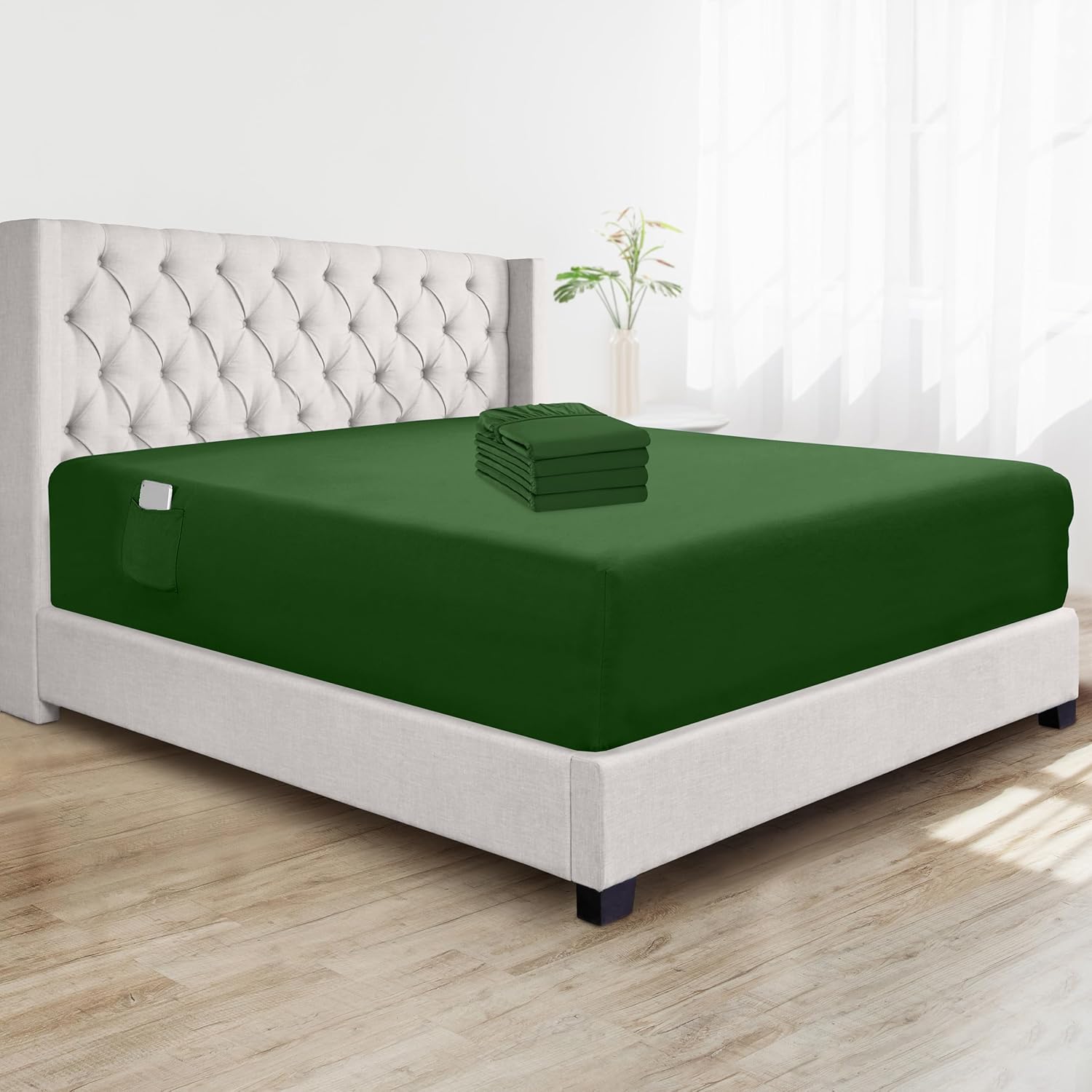 Elegant Comfort Super Soft Bulk 4-Pack Extra Deep Pocket 1500 Premium Hotel Quality Microfiber Fitted Sheet for High Mattress up to 21" inch with Double Sided Smart Pockets, Queen, Hunter Green Queen Pack of 4 Hunter Green