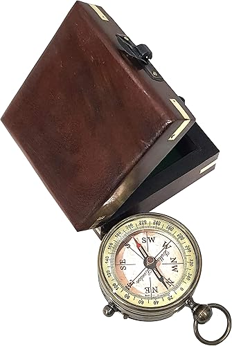 Miniatura 5 de Brújula de bolsillo de latón macizo magnético antiguo direccional vintage con caja de madera hecha a mano