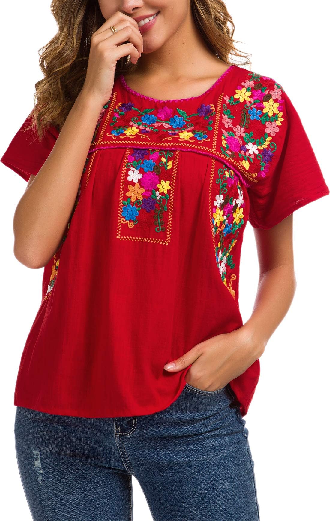 YZXDORWJ Women's Embroidered Mexican Peasant Blouse Mexico Summer Shirt Short Sleeve