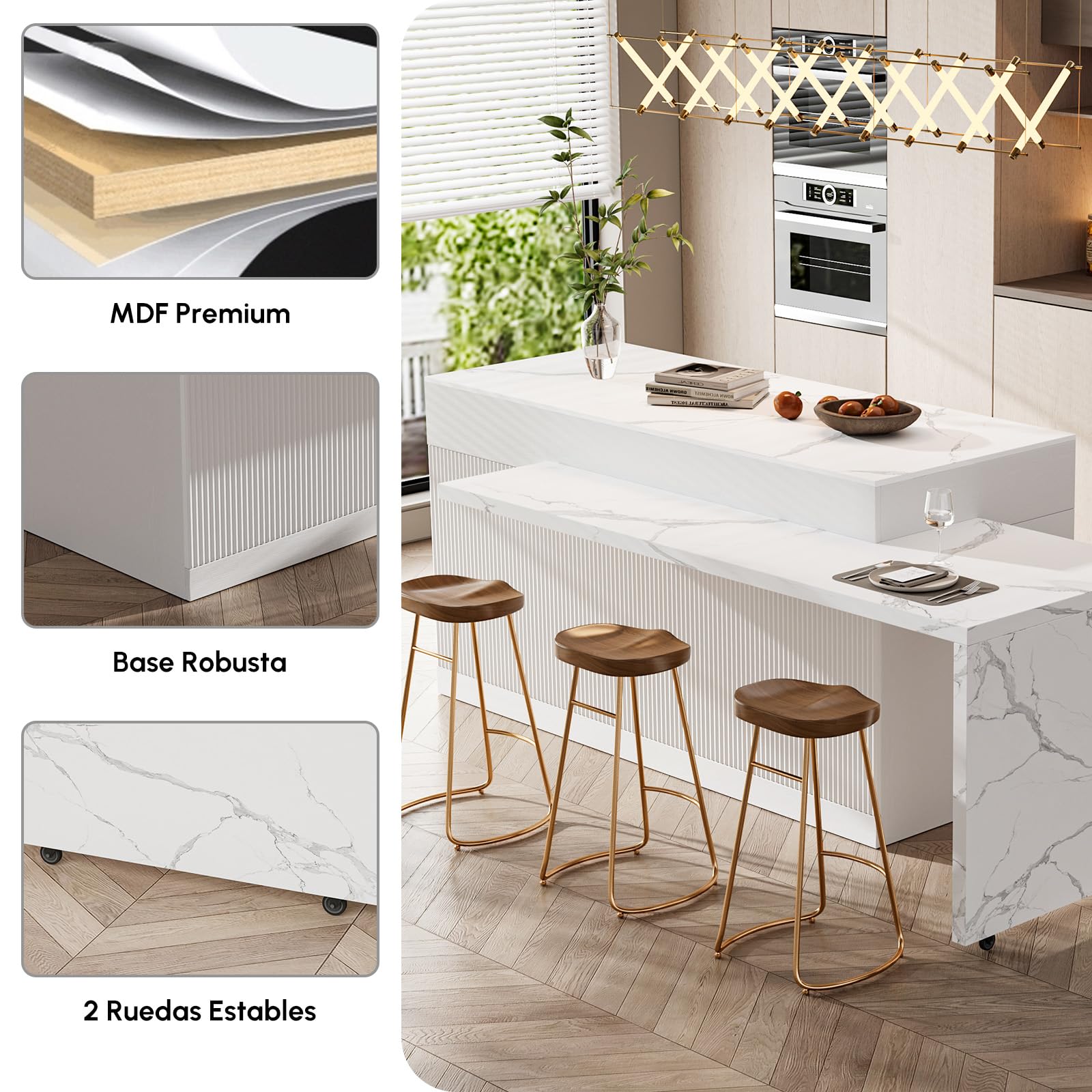 Homary Isla de Cocina Extensible con Almacenamiento múltiple para Cocina y Comedor, hacia la Derecha 205-268cm x 90cm