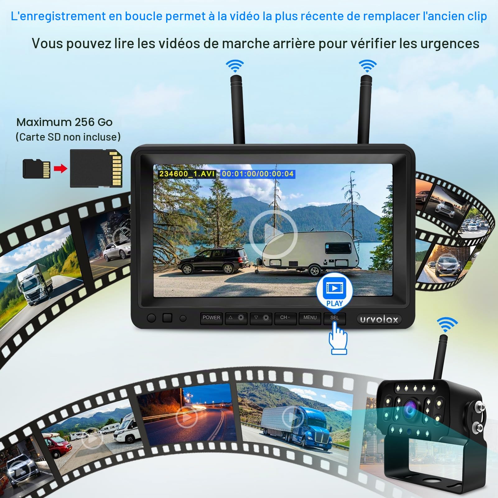 URVOLAX Camera de Recul Sans Fil avec Détection Par IA Alarme Sonore, Kit Système de Stationnement 1080P HD 7 Pouces Moniteur, Caméra de Recul pour Camping-Car, Camion, Fourgon, Caravane, Une Remorque