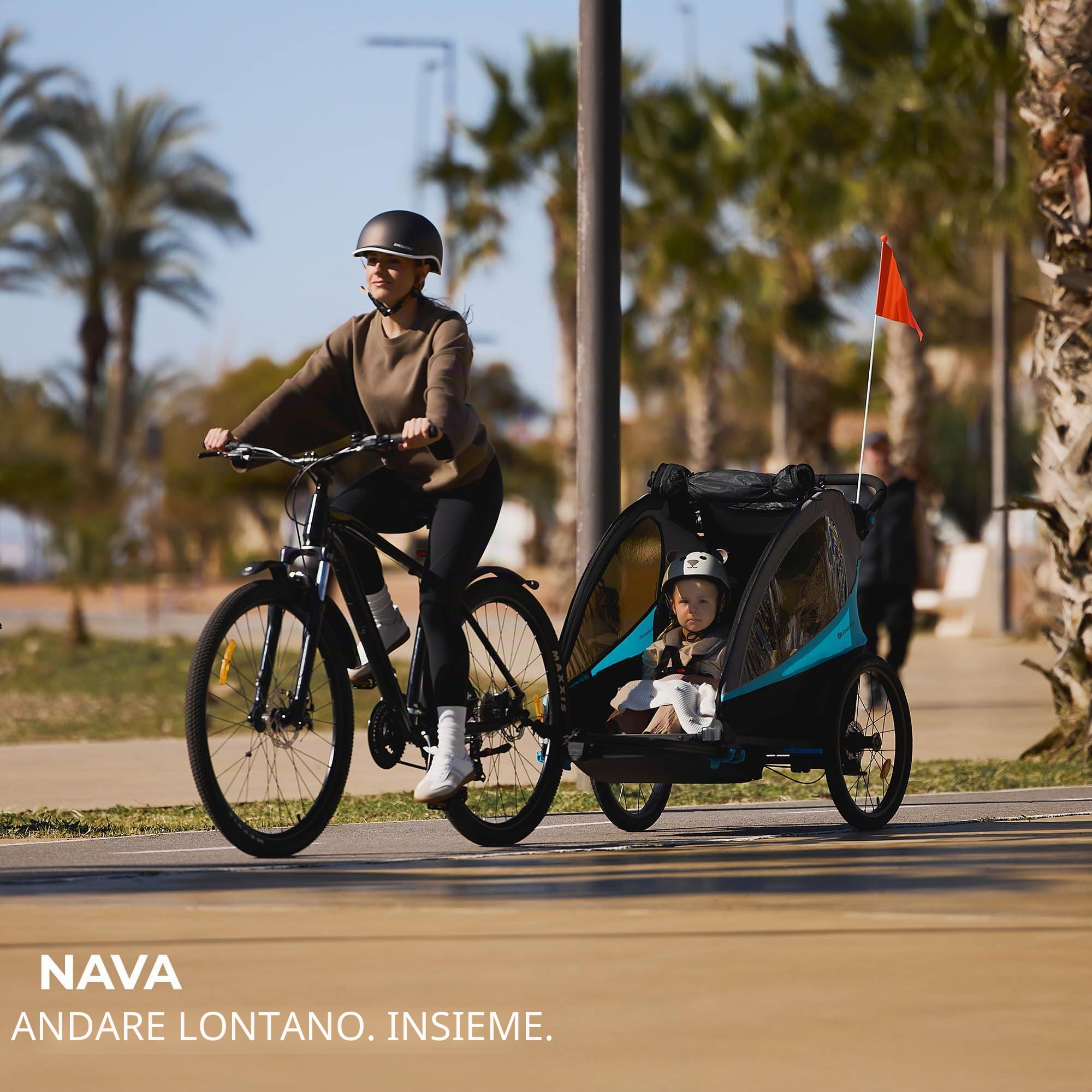Kinderkraft NAVA 3 in 1, Rimorchio per bambini, Passeggino, Jogger, Carrozzina, Rimorchio per bicicletta, per uno o due bambini, 2x22 kg, Parapioggia, Protezione dagli insetti, Blu