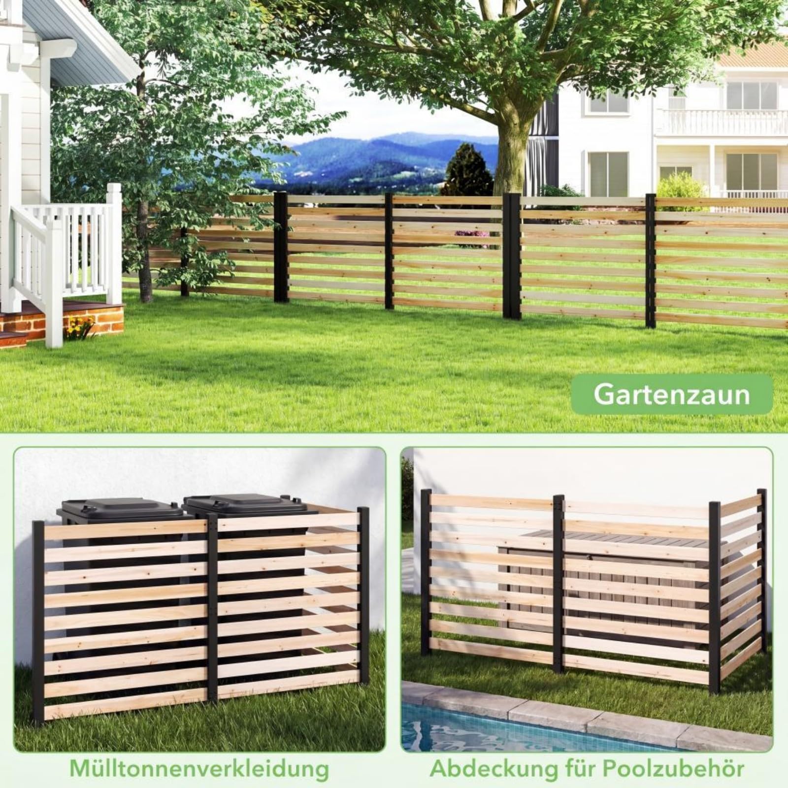 COSTWAY Gartenzaun 3-teilig, Zaun mit 4 Pfählen, 98 x 107 cm, Sichtschutzzaun aus Holz, Steckzaun Lamellenzaun, Tannenholz, freistehender Sichtschutz für Garten Terrasse, Natur