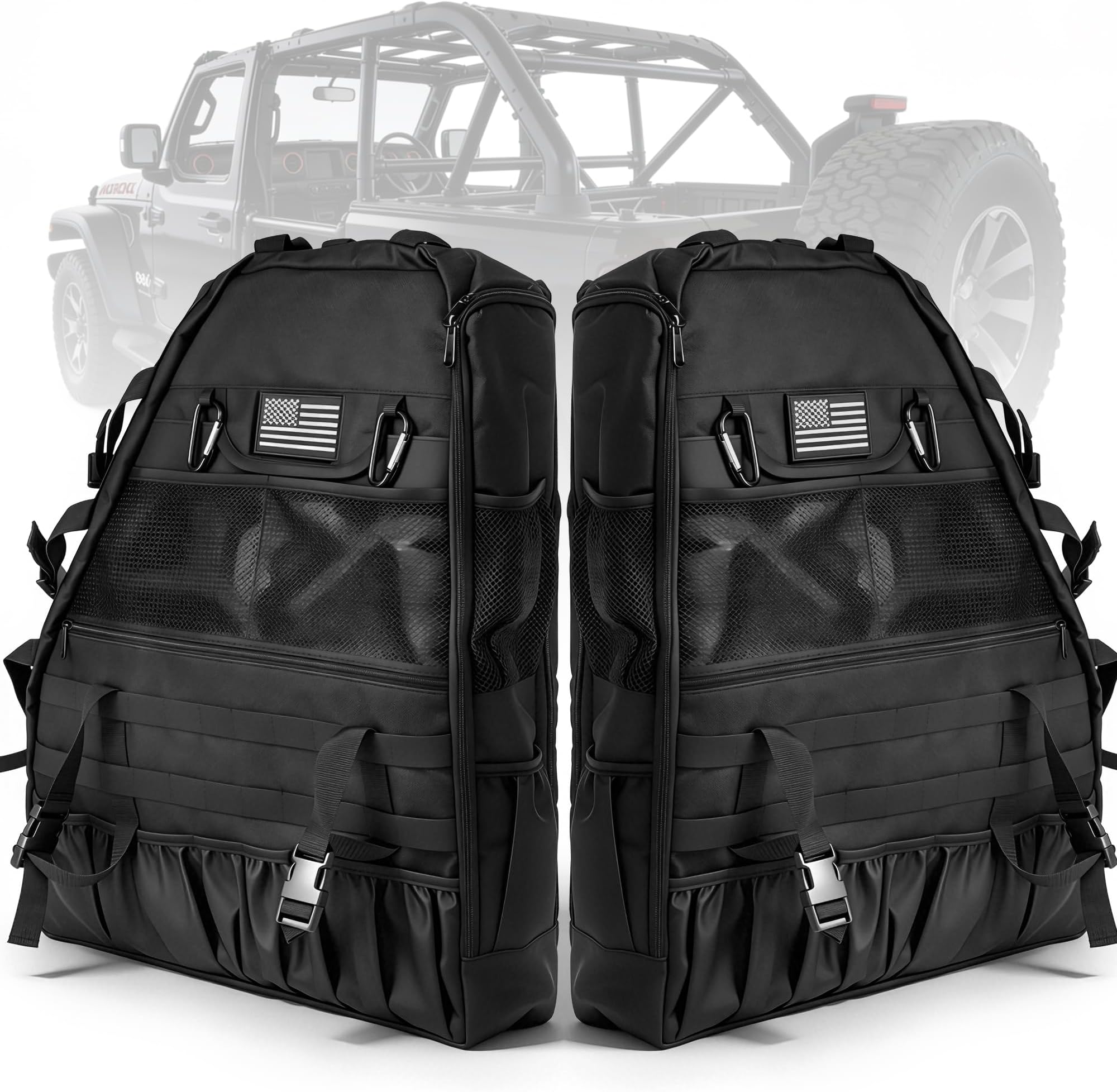 US Flag Roll Bar Storage Bag Multi-Pockets Organizers Saddlebag for Wrangler 1997-2023+ JK JL TJ 4-Door with Cargo Cage Tool Kit Holder Bags