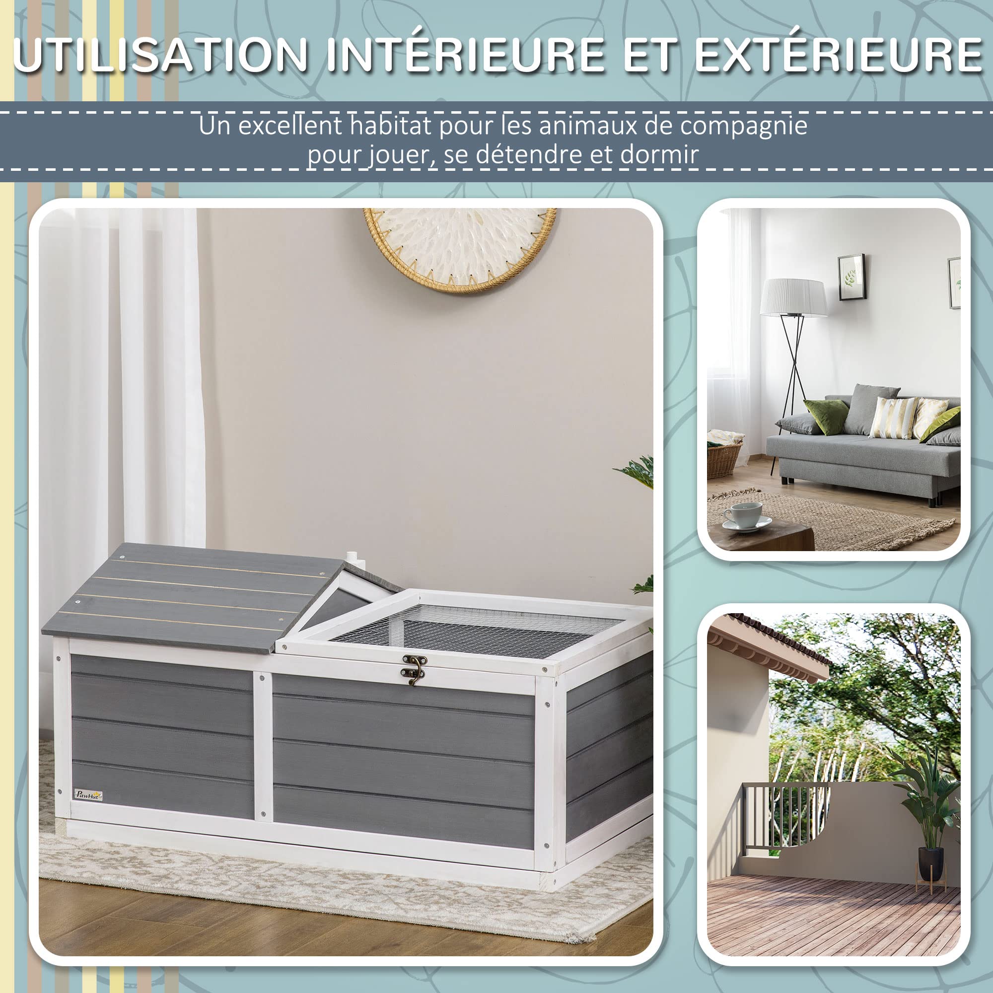 PawHut Maison enclos Cage pour Petit Animal Tortue avec 2 espaces 86 x 54 x 43 cm - Bois de Sapin