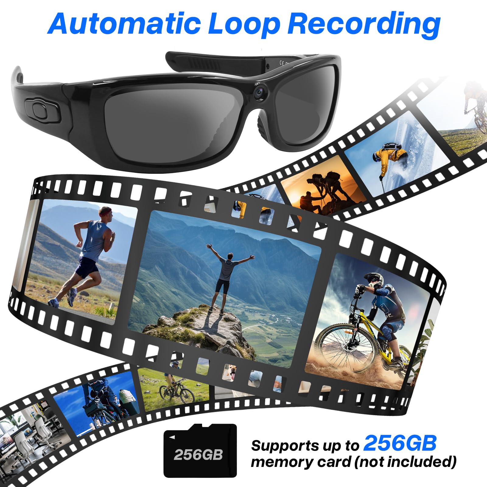 Caméra pour Lunettes de Sport HD 1080P,Caméra Espion Lunettes de Soleil avec Bluetooth, Minicaméra d'action Vidéo pour Lunettes de Sport pour Vélo/Moto pour Prendre des Photos et des Vidéos