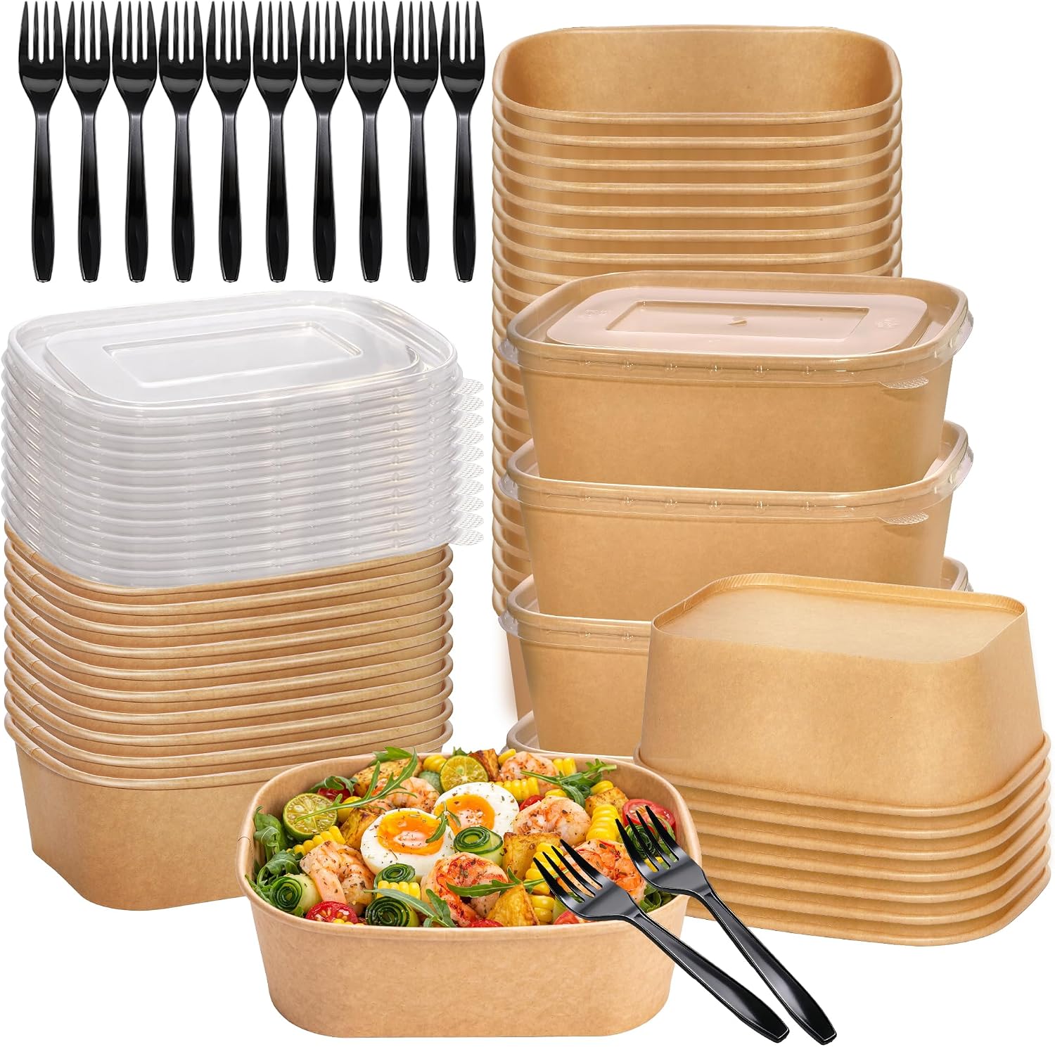 50 Pack 29oz Disposable Meal Prep Containers with Lids and Forks, Microwave and Freezer Safe Kraft Paper Bowls for Salad Noodles, Take Out Containers for Hot/Cold Food