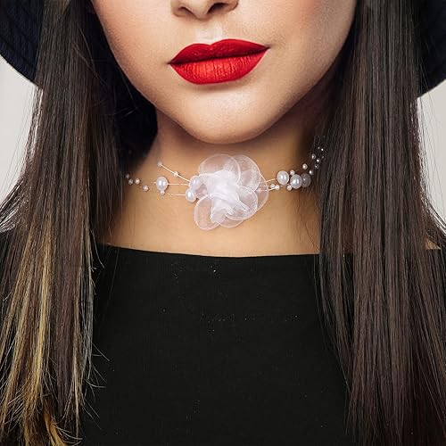 Miniatura 5 de Collares de flores para mujer, collar de flores de rosa, collar de flores de tela bohemia con cadena de perlas para mujer, novia, boda, fiesta,