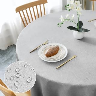 AooHome Tischdecke Rund Φ120cm, Hellgrau Leinen-Optik Tischdecken Abwaschbar Tischtuch aus Polyester Wasserabweisend mit Lotuseffekt, Dauerhaft Kratzfest für Wohnzimmer, Esszimmer, Balkon, Garten