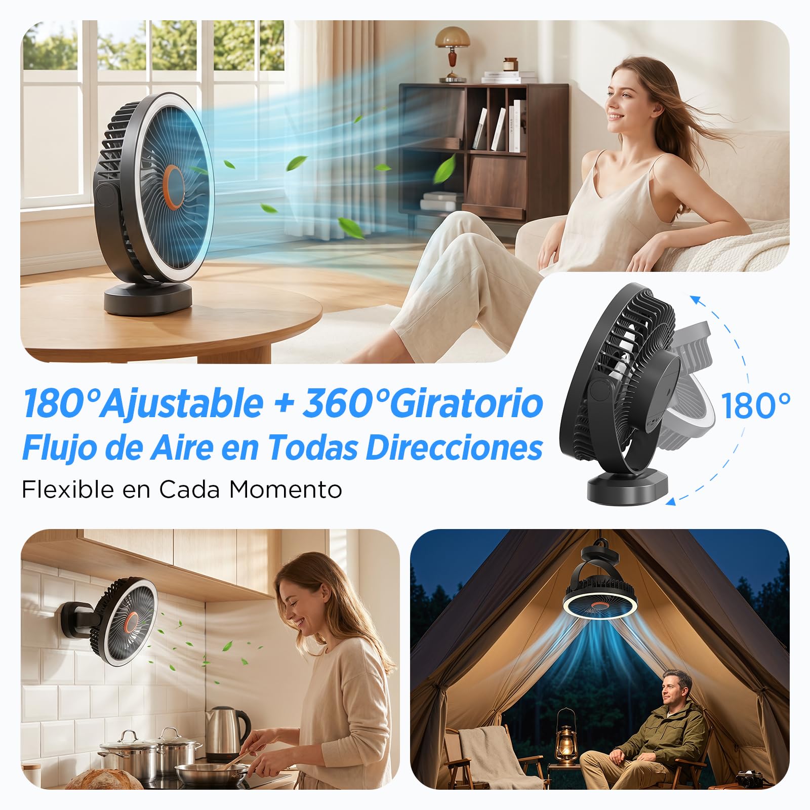Lepwings Ventilador de Mesa, USB Recargable de 4400 mAh, 3 Velocidades, Ventilador Portátil de 8 Pulgadas con Luz LED y Gancho Colgante, Autonomía de 4-12H, para Oficina, Dormitorio, Camping