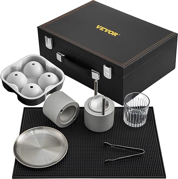 VEVOR Ice Ball Press Kit, Anodized 7075 Aluminum, w/Silicone Moulds, Large Mat, Stainless Steel Tong & Two Glasses, Double Size Crystal Clear Rounds Whiskeys, Cocktails on Parties & Holidays Silver