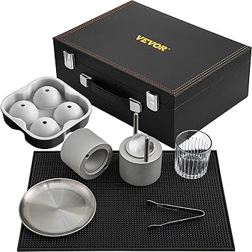 VEVOR Ice Ball Press Kit, Anodized 7075 Aluminum, w/Silicone Moulds, Large Mat, Stainless Steel Tong & Two Glasses, Double Size Crystal Clear Rounds Whiskeys, Cocktails on Parties & Holidays Silver