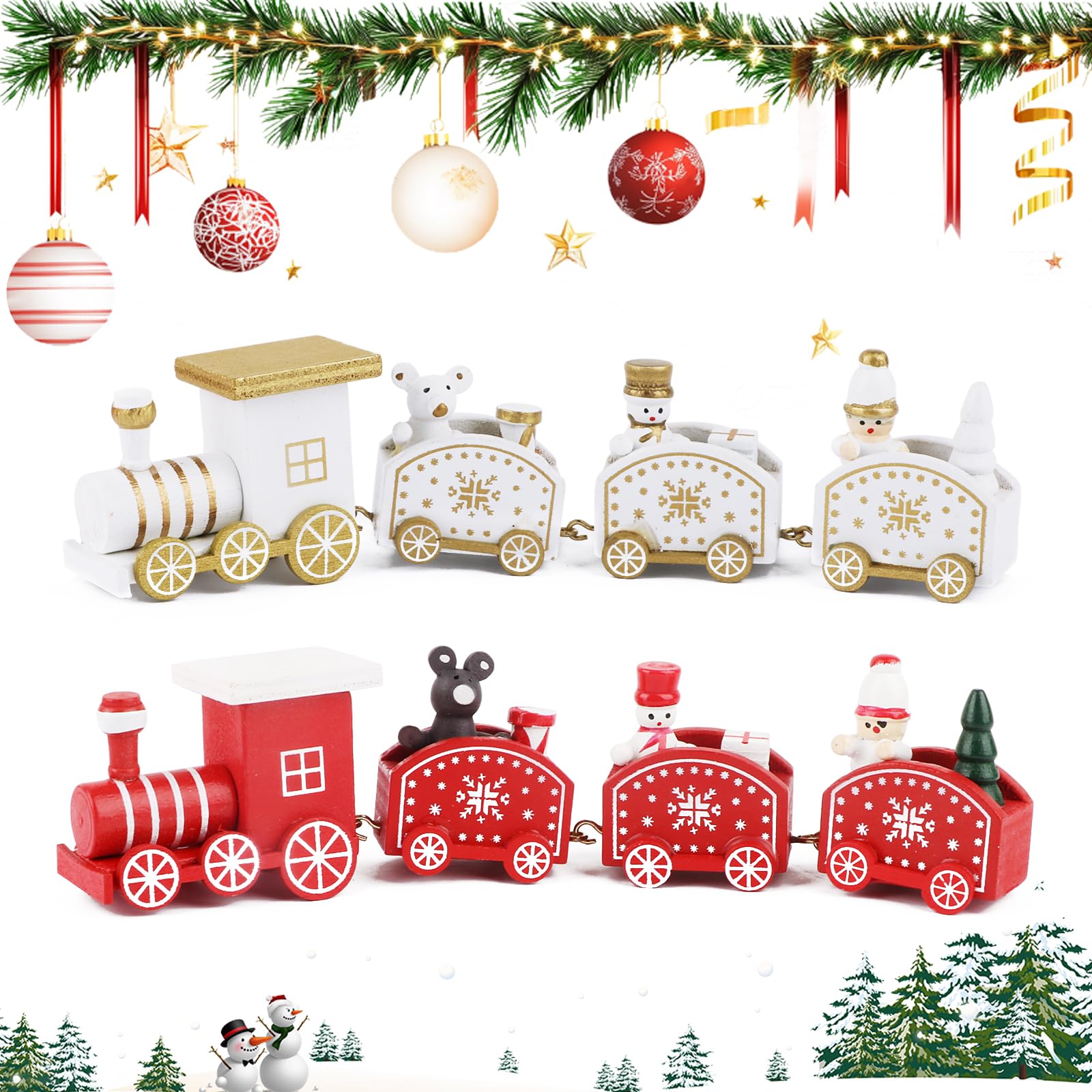 FLOFIA 2pcs Pequeño Tren Navideño de Madera con 4 Vagónes Variados 4.5 * 20cm Mini Tren Madera de Navidad Adorno de Navidad para Decoración Regalos Navideños Jardín Escaparate