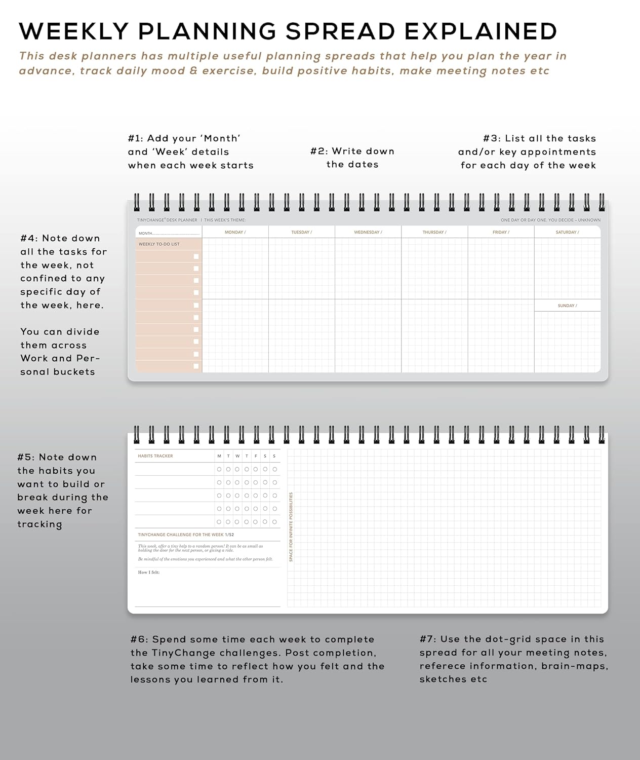 TINYCHANGE Weekly Desk Planner | Undated 12 Months | Daily To-do List | Appointment Organizer;Goals Diary; Habit Tracker | 52 Wellness Challenges | Wide Size; Lay-Flat 4 8129MU2qeVL. SL1500